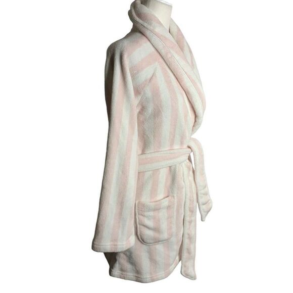 Victorias Secret Fleece Short Robe XS Pink Stripes Long Sleeve Pockets Tie Belt - Picture 3 of 9